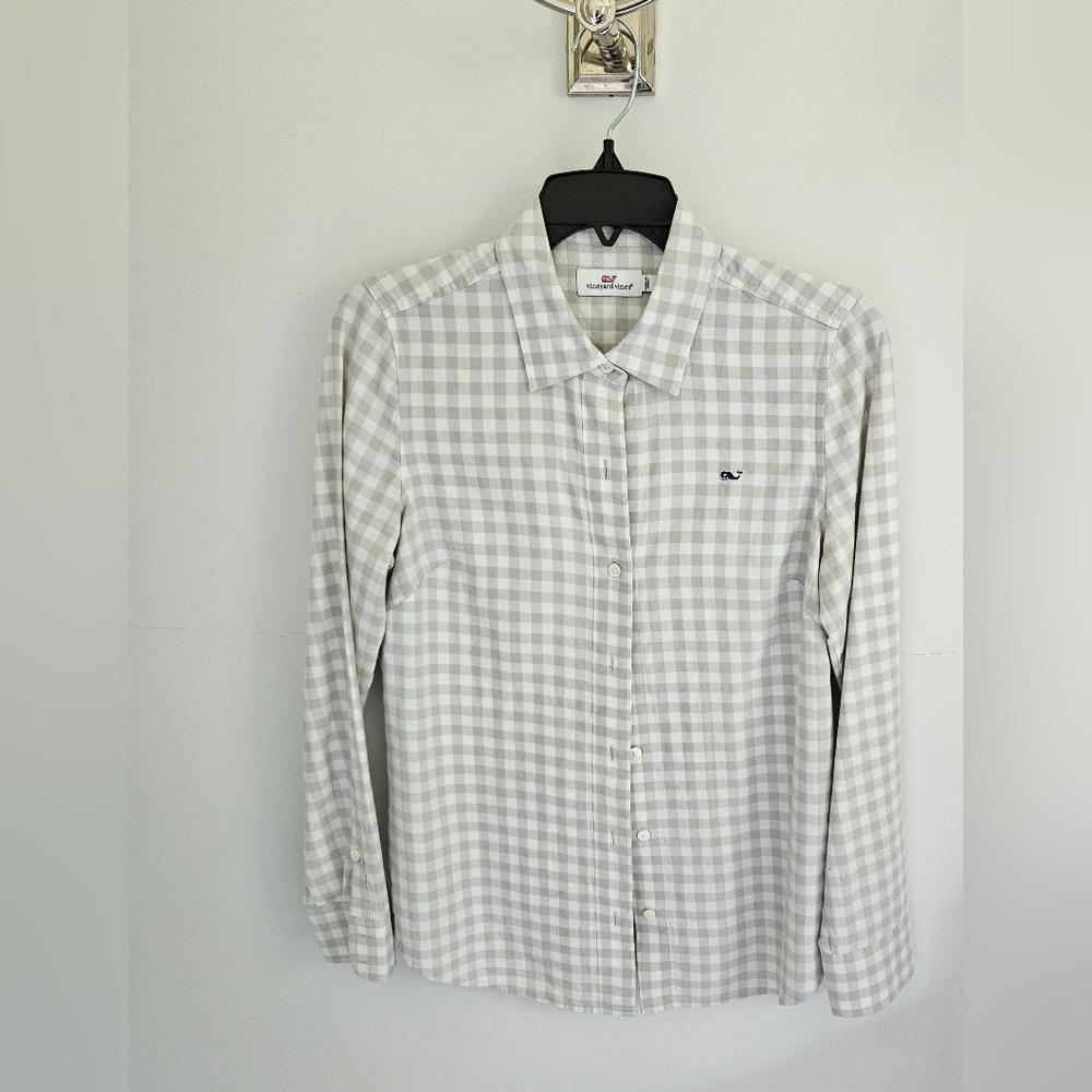 Vineyard Vines Tan Check Button Down Top